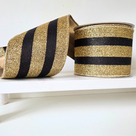4" Stripe black and gold glitter ribbon, Sold by the Meter