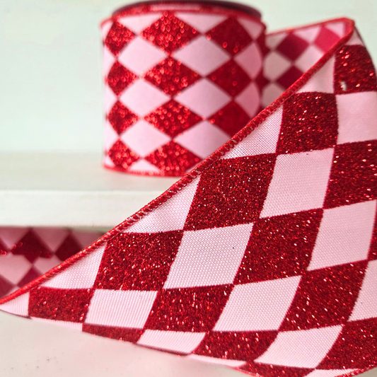 Deluxe 4" red & pink harlequin wired ribbon in vibrant pink and red.  Sold by the Meter