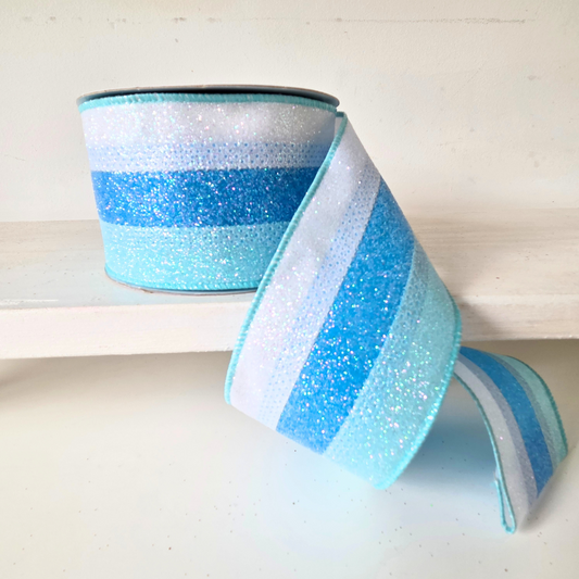 High quality USA imported wired ribbon.2.5 inch ribbon, iridescent Glitter in  tones of Blue, Robin Egg Blue & White