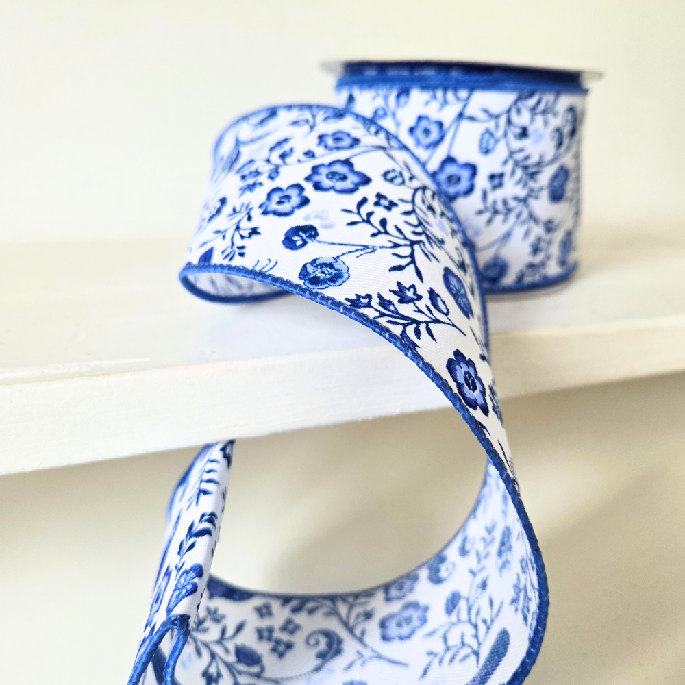 2.5" Wired Ribbon with White & Blue Chinoiserie design.  Sold by the meter