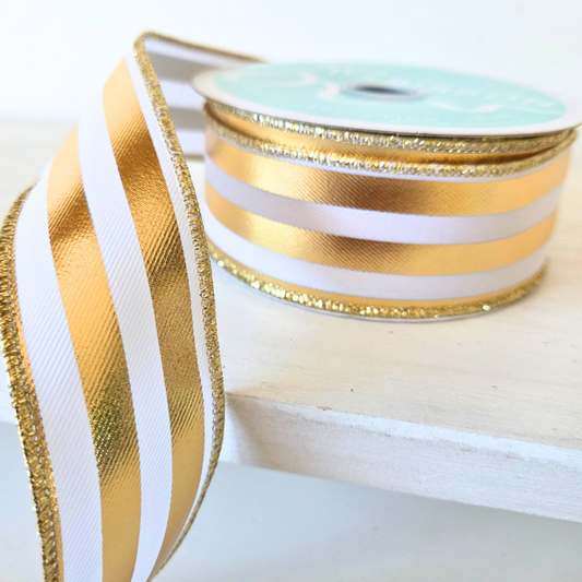 USA imported Wired ribbon.  Deluxe 1.5" wide metallic Vertical Stripes wired ribbon in white and gold