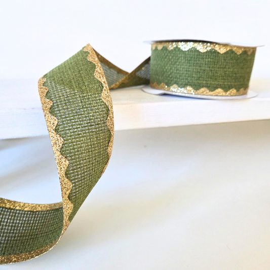USA imported wired ribbon. 1.5" ribbon in a Cross Royal/Ric Rac design in Moss Green with gold edging