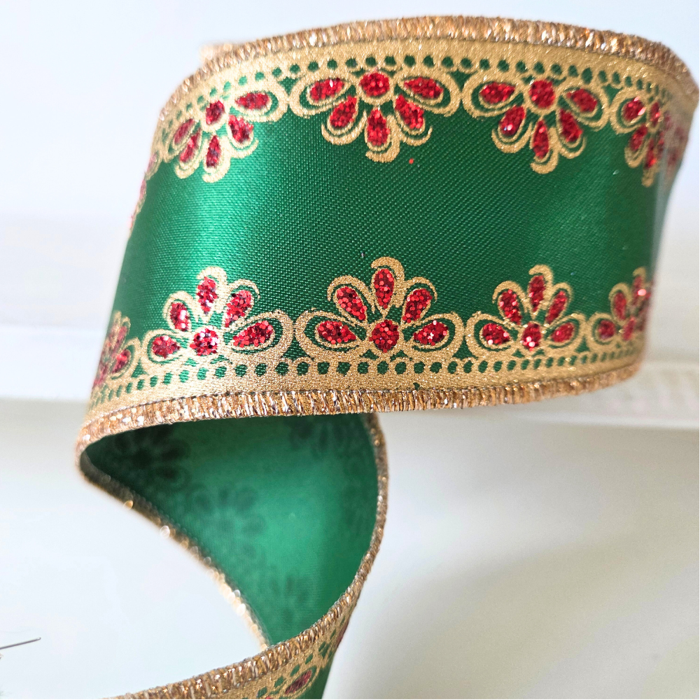 USA imported wired ribbon. 2.5" wide lux scalloped trim ribbon in gold, green red.  Perfect for Christmas!. Sold by the meter