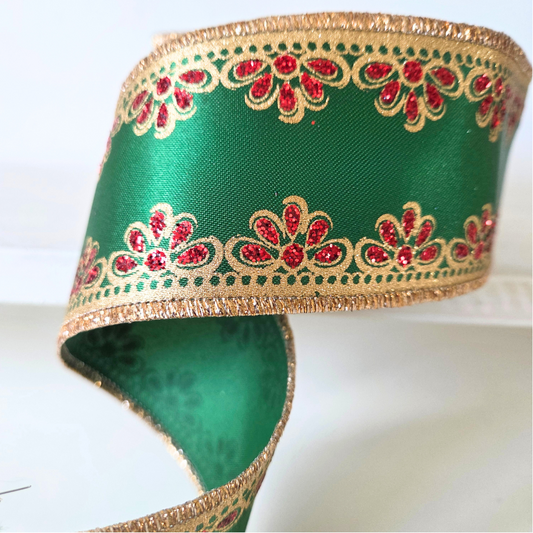 USA imported wired ribbon. 2.5" wide lux scalloped trim ribbon in gold, green red.  Perfect for Christmas!. Sold by the meter