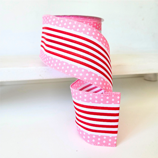 USA imported wired ribbon,.2.5" wide.  Vertical Stripe and Polka Dot Edge in red, white and pink.  Sold by the meter.