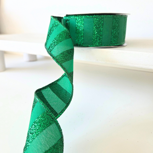 USA imported 1.5" wired ribbon in Emerald Green with Horizontal Glitter Stripes.  Sold by the meter