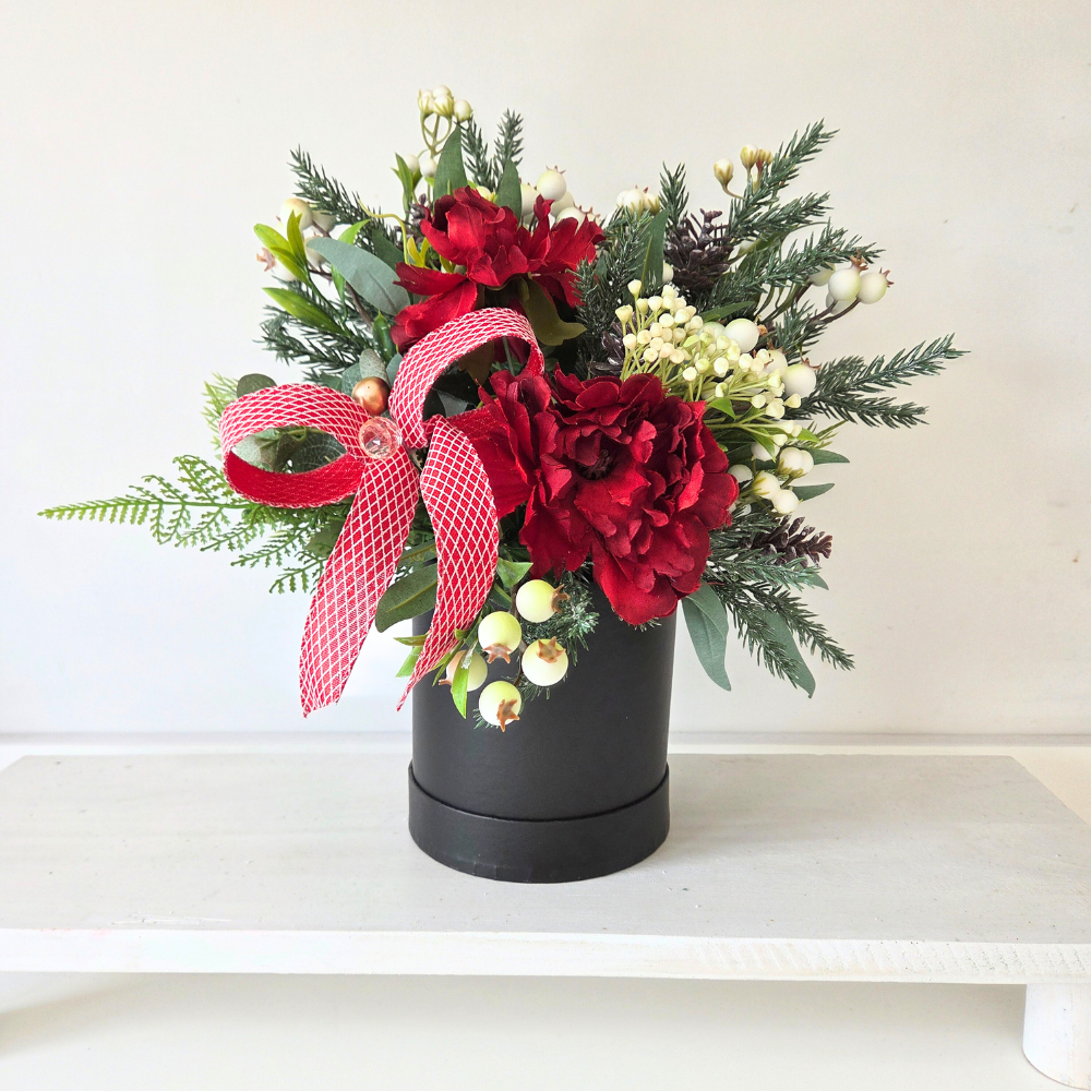 Realistic Christmas foliage, flowers & berries hat box, ideal centerpiece or gift.  Luxury Christmas decor