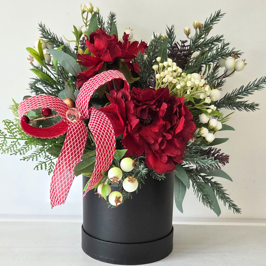 Realistic Christmas foliage, flowers & berries hat box, ideal centerpiece or gift.  Luxury Christmas decor