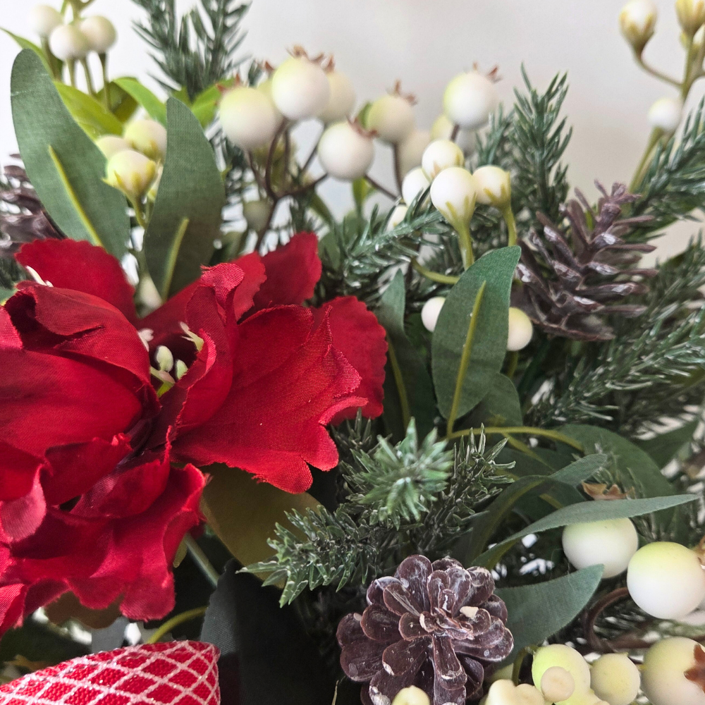 Realistic Christmas foliage, flowers & berries hat box, ideal centerpiece or gift.  Luxury Christmas decor