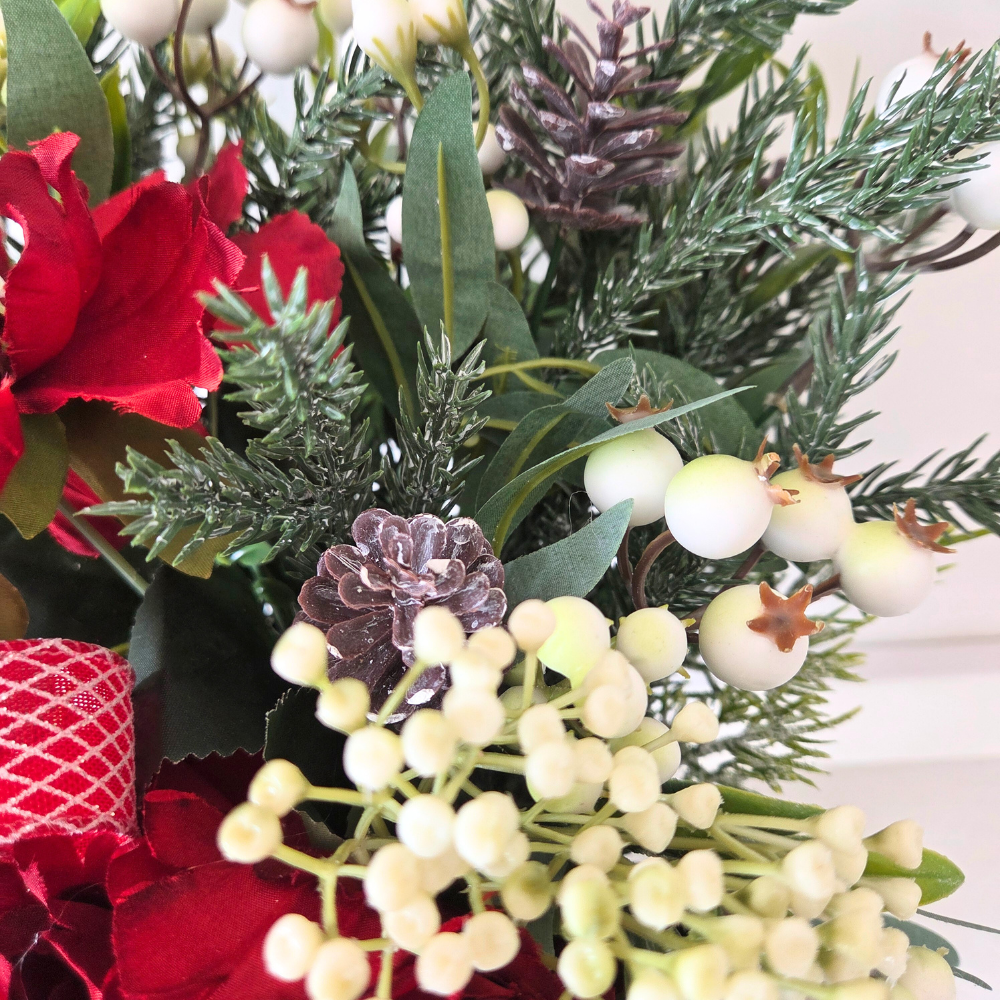 Realistic Christmas foliage, flowers & berries hat box, ideal centerpiece or gift.  Luxury Christmas decor