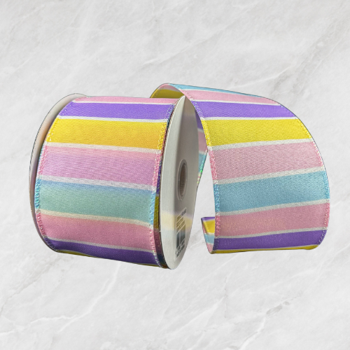 USA imported wired ribbon. 2.5" wide, with Lavender Yellow Pink Lt Blue and White Wide Stripes.  Sold by the Meter