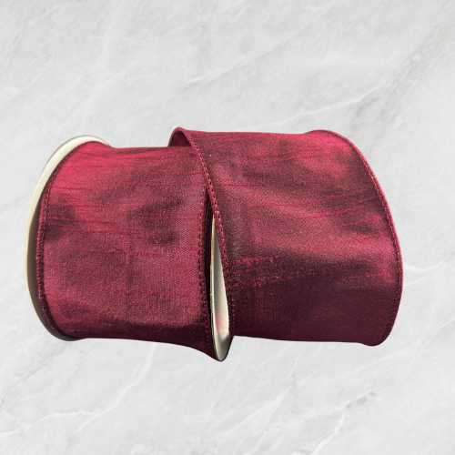 USA imported wired ribbon, 2.5" wide, deep burgundy faux Dupioni.  Sold by the meter.