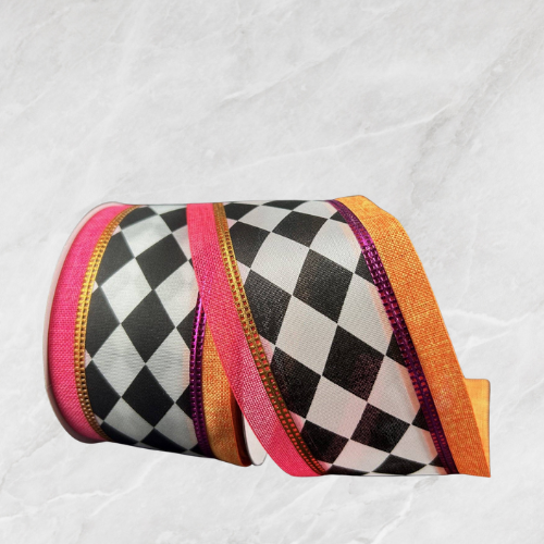 USA imported wired ribbon, 2.5" wide, with a Harlequin Satin Linen Edge design in Black, White, Orange, and Hot Pink.  Sold by the meter.