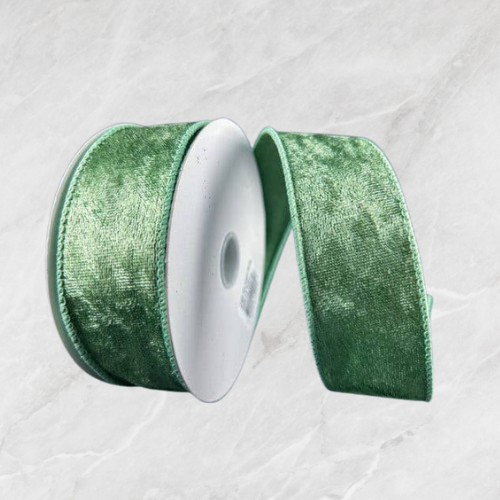 USA imported wired ribbon.1.5" wide, in a gorgeous sage green velvet.  Sold by the meter.