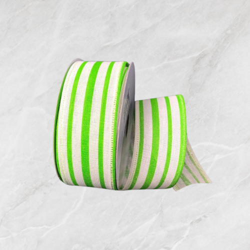 USA imported wired ribbon.  1.5" wide, in ivory with green vertical stripes. Sold by the meter.