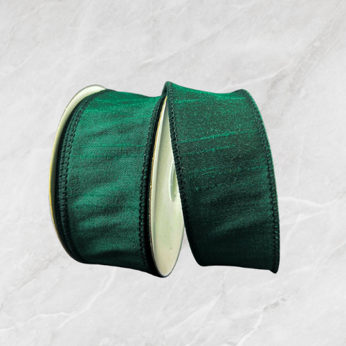USA imported wired ribbon.  Faux Dupioni ribbon, 1.5" wide, in a deep hunter green colour.  Sold by the meter.