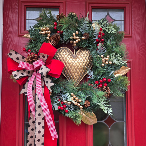 Large deluxe Red & Gold Christmas Door / Wall Wreath featuring gold metal hanging heart