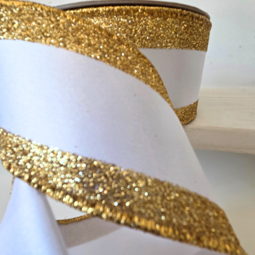 Premium USA imported wired ribbon. Deluxe 2.5" wide ribbon, White with gold glitter edges.  Sold by the meter. (Copy)