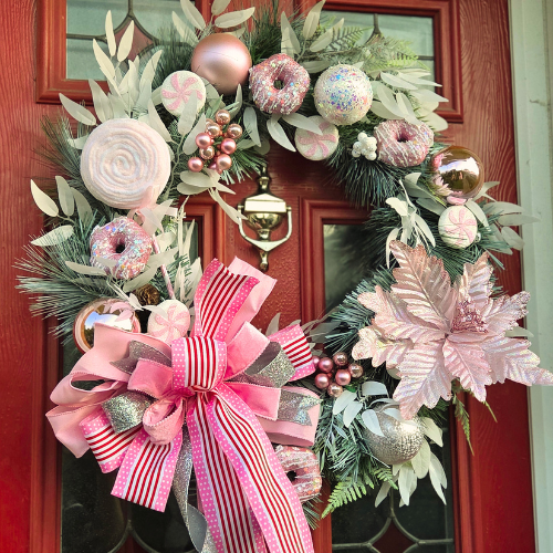 Large deluxe Pink Candy Christmas Door / Wall Wreath, pink Candy Cane style