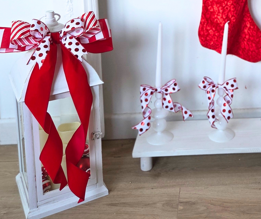 Large handmade designer bow, lantern bow, wreath bow, red & white with stripes & polka dot patterns