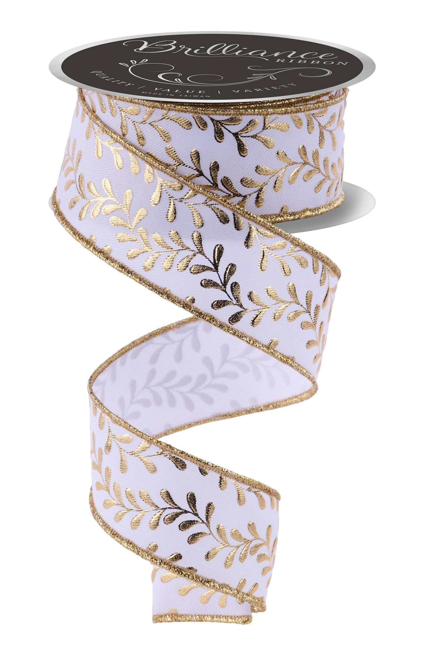 Premium D'Lux 1.5" wide wired ribbon with foil metallic leaf garland design in white and gold.  Sold by the meter