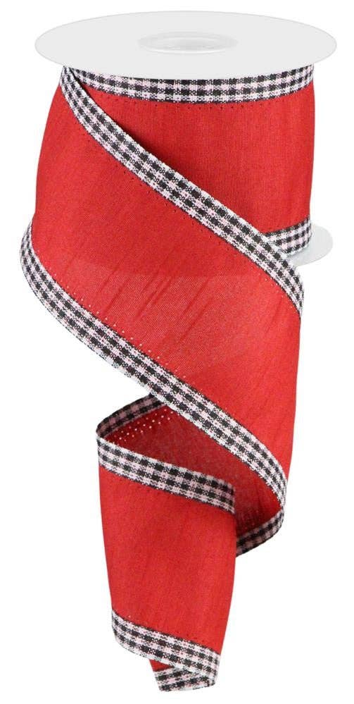 USA imported wired ribbon.2.5" wide, Faux Dupioni Mini Gingham Edge Ribbon in Red, Black and White. Sold by the meter