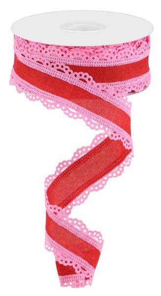 USA imported wired ribbon. 1.5" Light Pink Red Lace Edge Royal Burlap Ribbon.  Sold by the meter