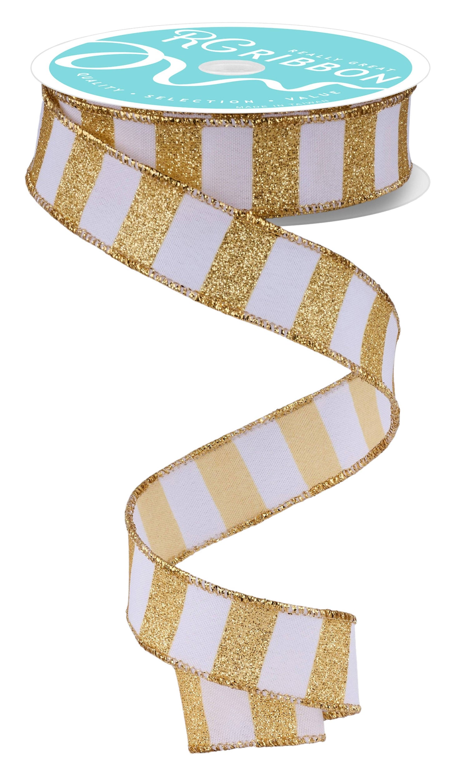 USA imported Wired Ribbon.  Deluxe 1.5" wide Horizontal Glitter Stripes in white and gold.  Sold by the meter