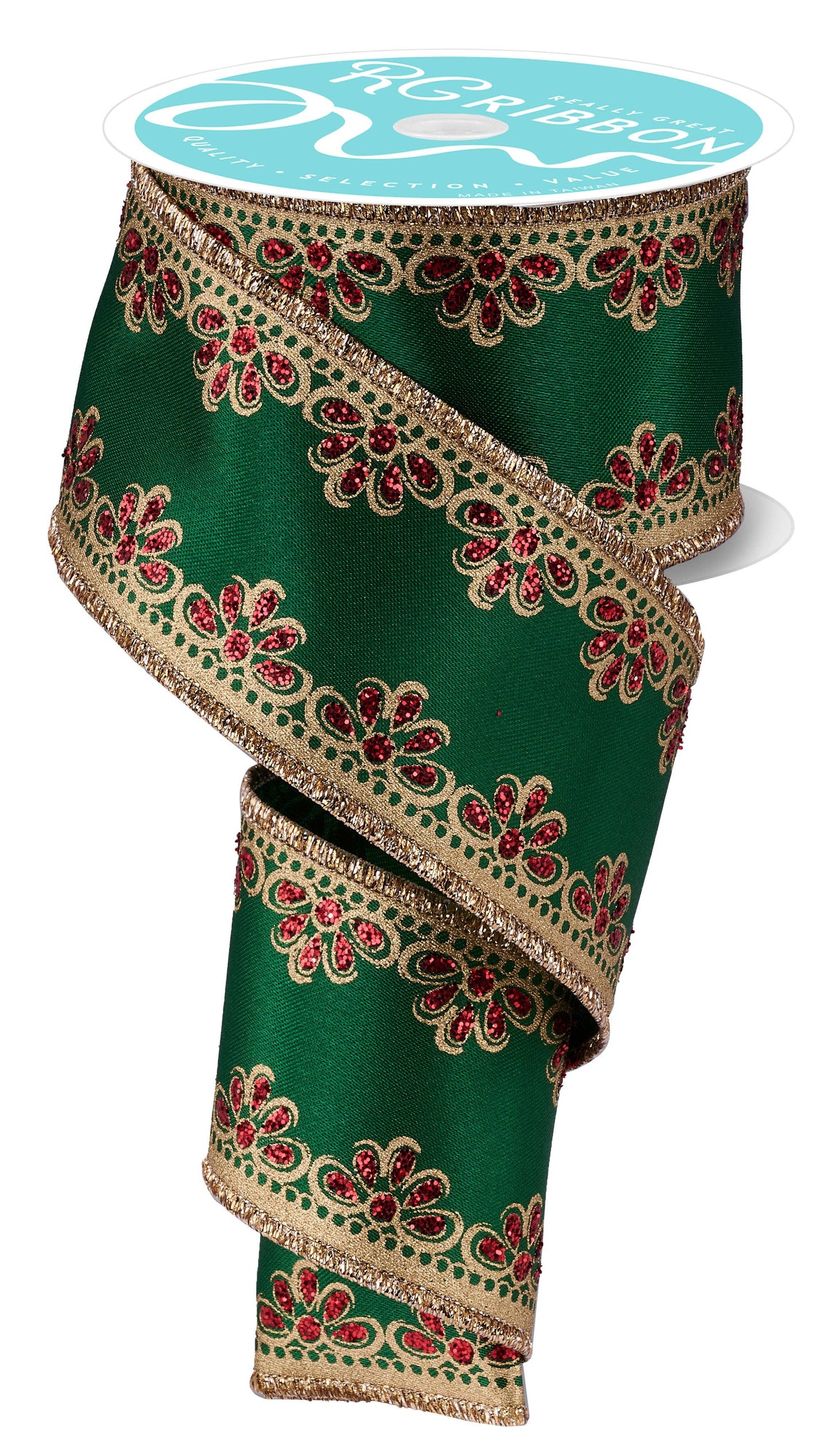 USA imported wired ribbon. 2.5" wide lux scalloped trim ribbon in gold, green red.  Perfect for Christmas!. Sold by the meter