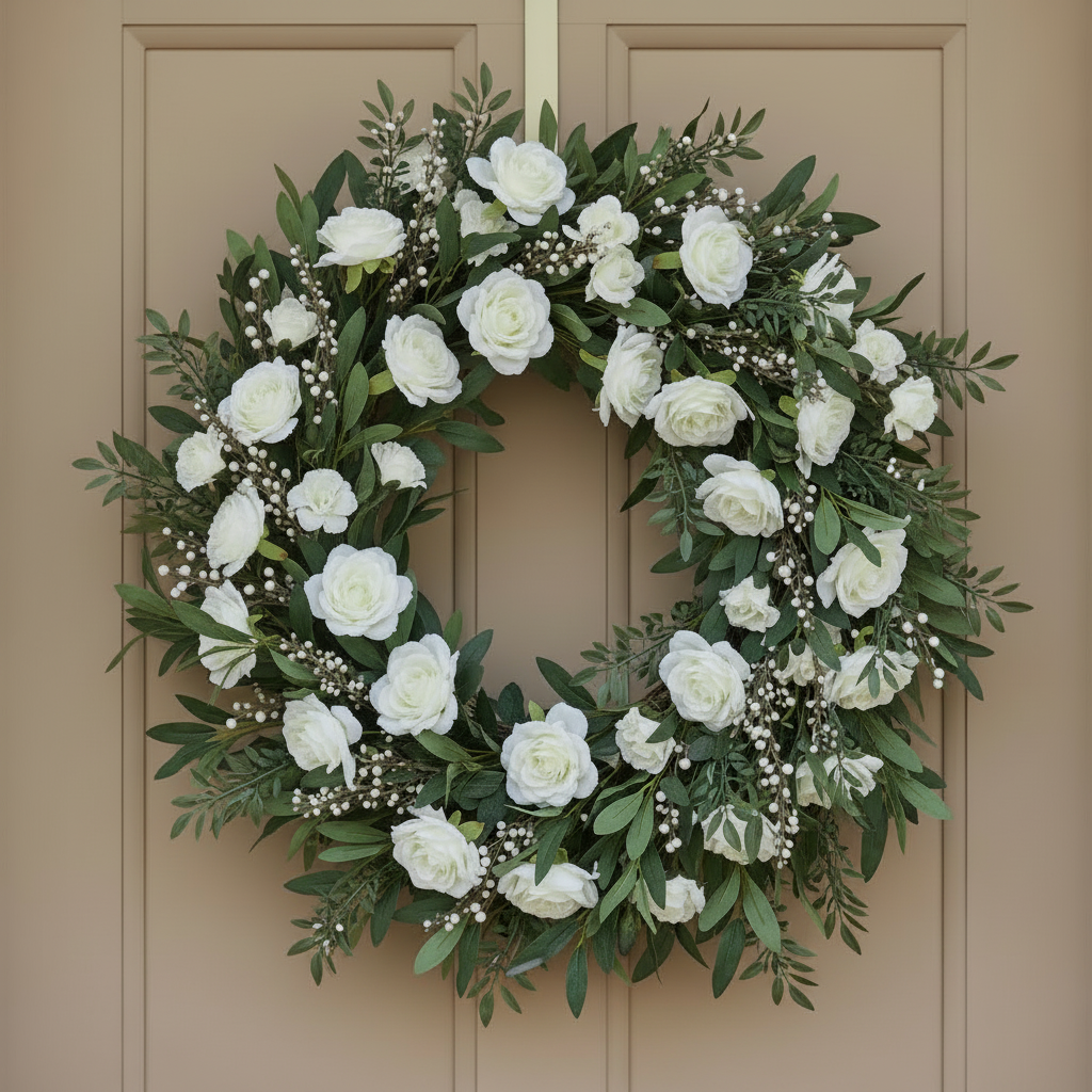 Chosen white rose wreath with fewer roses