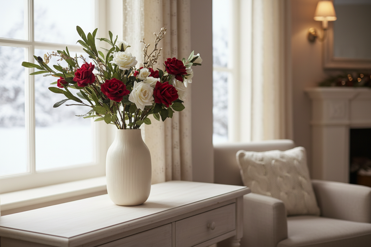 Classic Christmas arrangement beside a winter window