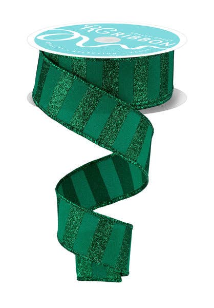 USA imported 1.5" wired ribbon in Emerald Green with Horizontal Glitter Stripes.  Sold by the meter