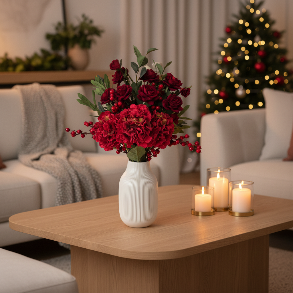 Deep red flower arrangement with candles on a modern coffee table and a subtle Christmas tree in the background