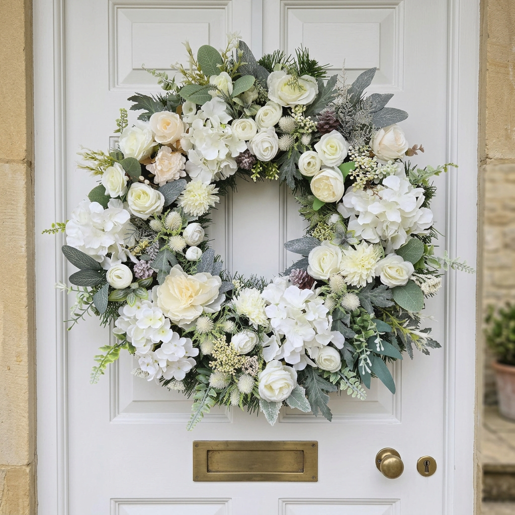 Deluxe white wreath on a classic white door