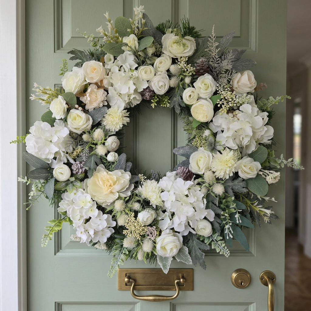 Deluxe white wreath on a sage-green door