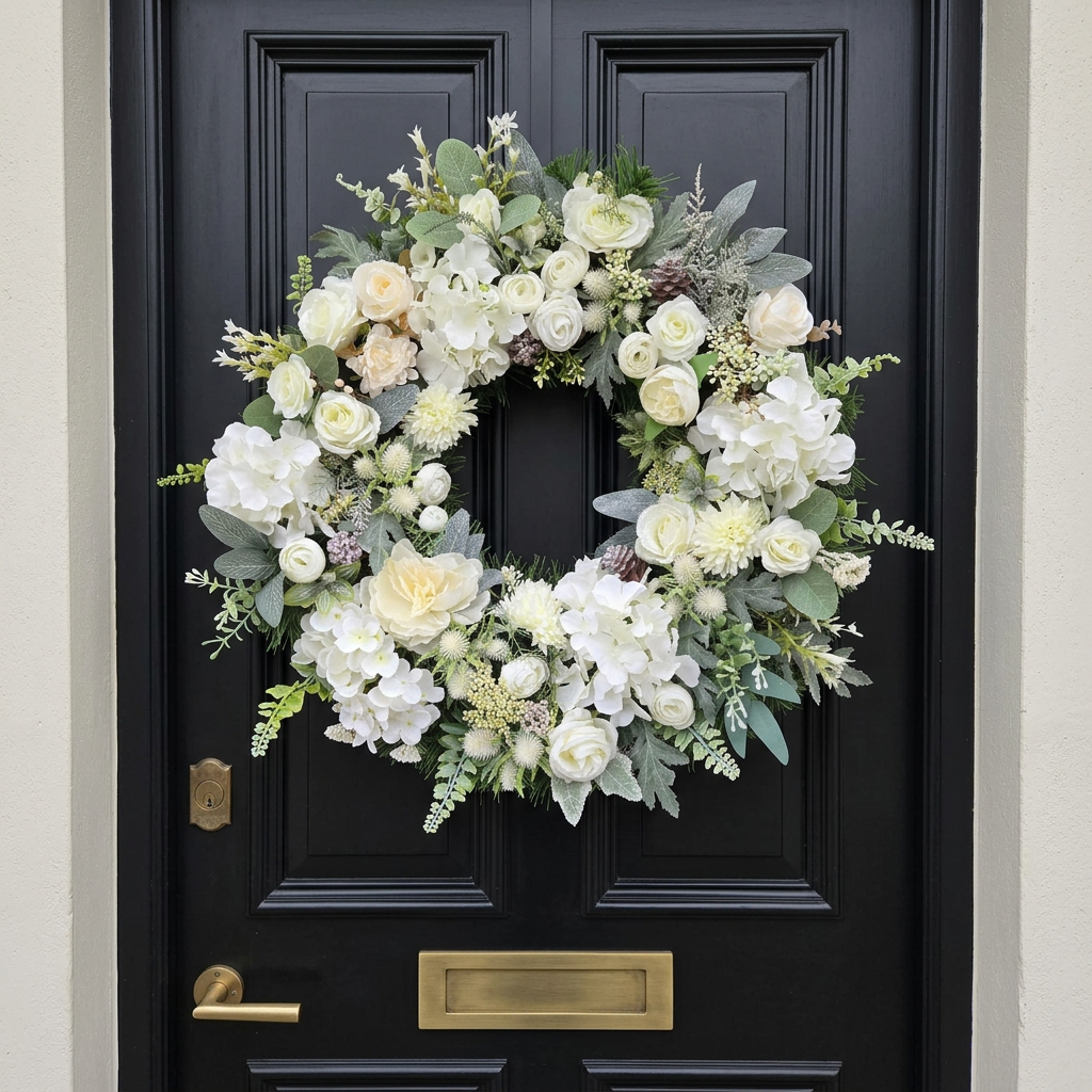 Deluxe white wreath on an elegant black door