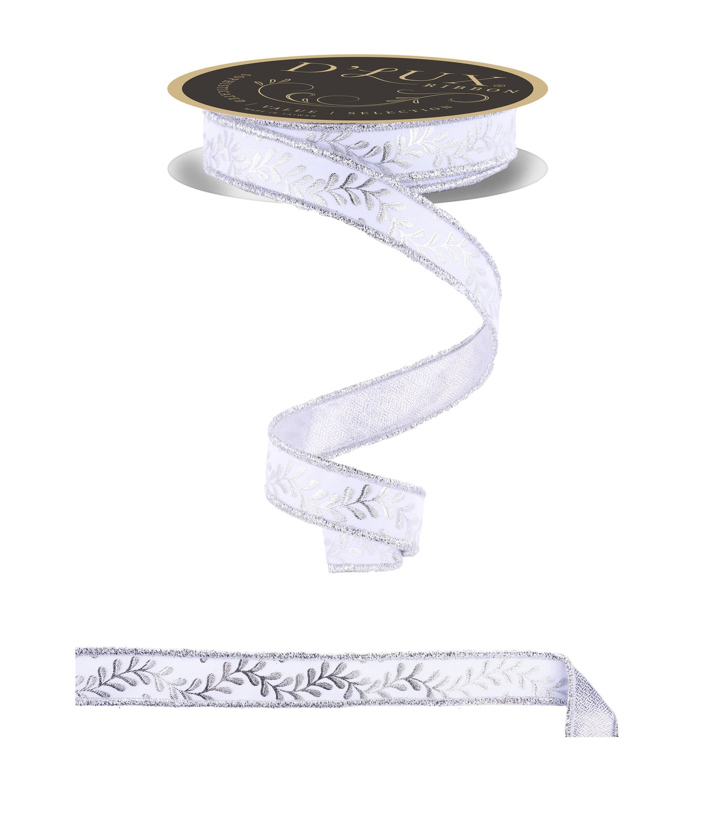 Premium USA imported wired ribbon.  7/8" Foil Leaf Garland in fused White/Silver.