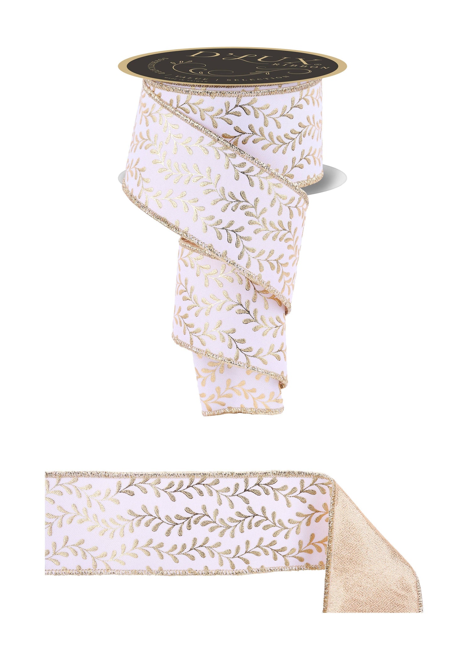 High quality premium USA imported wired ribbon.  This ribbon is a deluxe 2.5" wide fused ribbon, in white with gold leaf pattern.  Sold by the meter