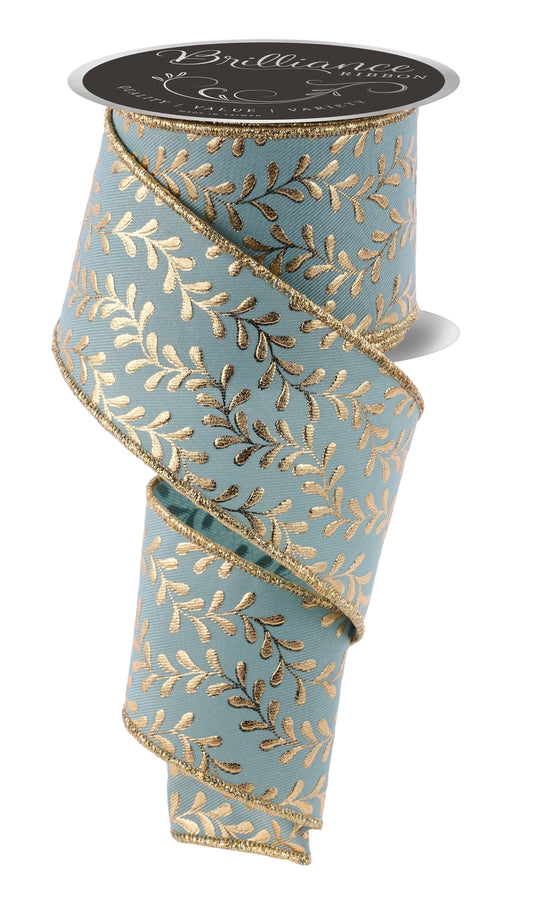 Premium USA imported wired ribbon, 2.5" with foil leaf garland embossed in gold on a beautiful sage green ribbon  Sold by the meter.