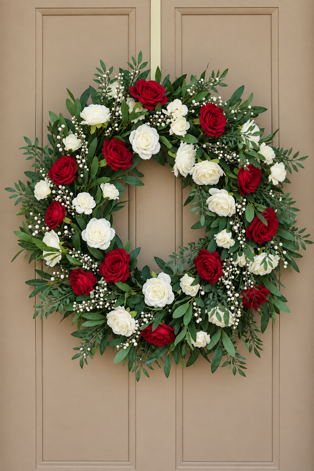 Enlarged red and white rose wreath with consistent product-page framing