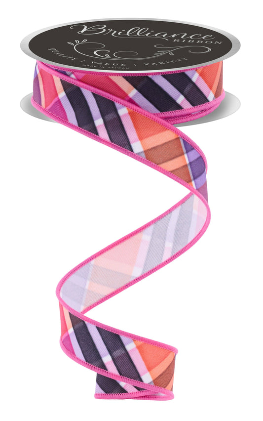 High quality premium USA imported wired ribbon. Deluxe 7/8"" wide fused ribbon, in a bold plaid design in purple, orange, black and hot pink. Sold by the meter