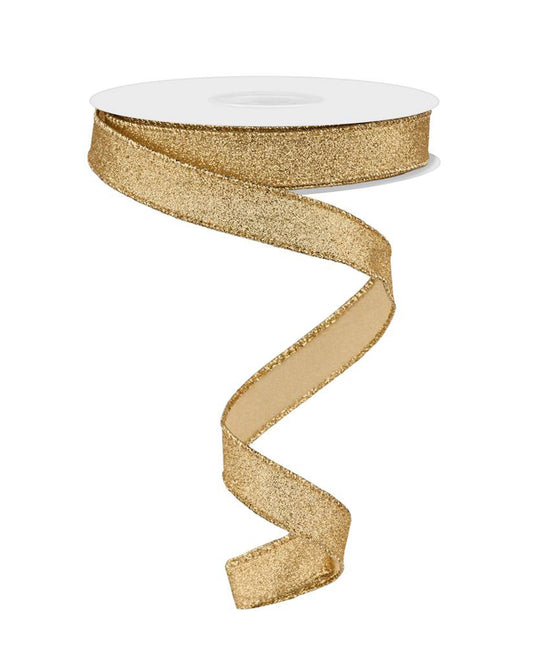 Premium USA imported wired ribbon. 5/8" Shimmer Glitter Gold wired ribbon. Sold by the meter.