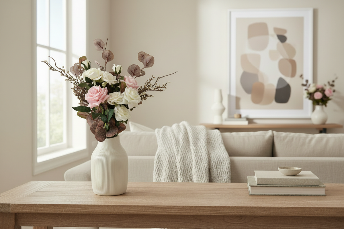 Floral arrangement in a clean editorial home setting