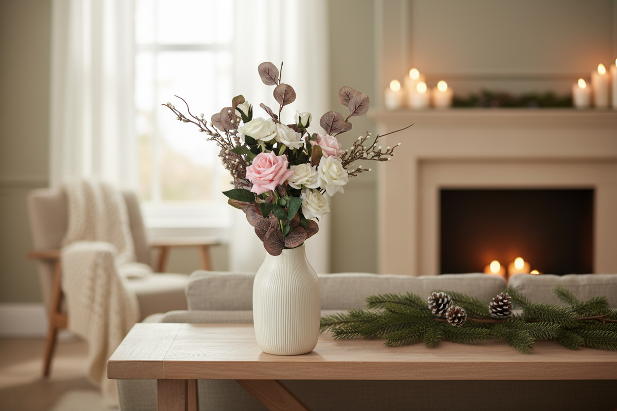 Floral arrangement in a warm winter home setting
