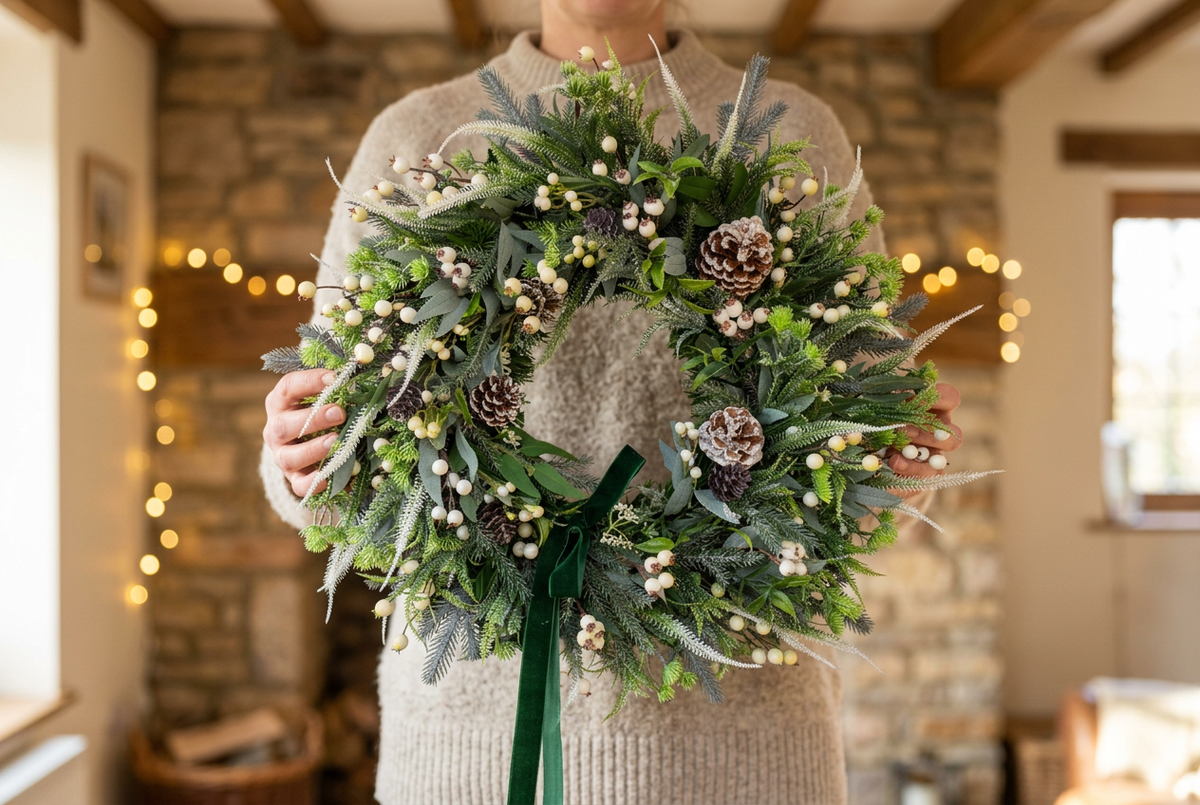 Person in an oatmeal jumper holding the wreath