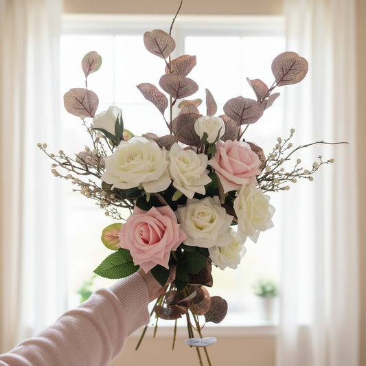 Pink and white bouquet with a neat pink jumper sleeve in front of a bright window
