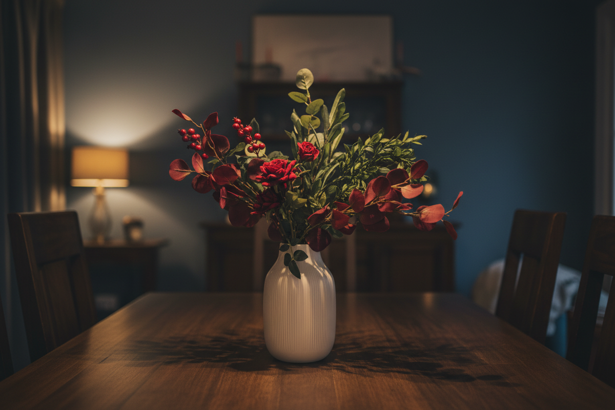 Red and green arrangement in a cosy evening dining room