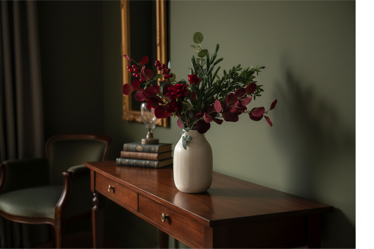 Red and green arrangement in a moody dark sitting room