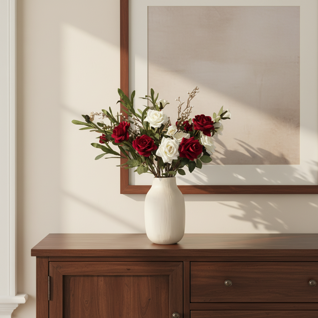 Red and white rose arrangement in a classic dining room