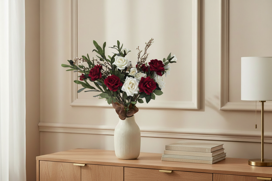 Red hydrangea arrangement in matching lifestyle setting